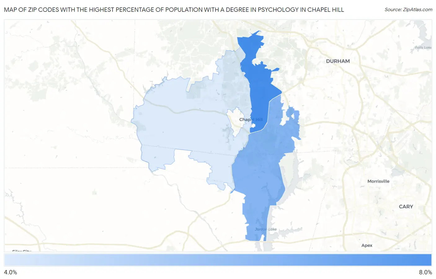 Zip Codes with the Highest Percentage of Population with a Degree in Psychology in Chapel Hill Map