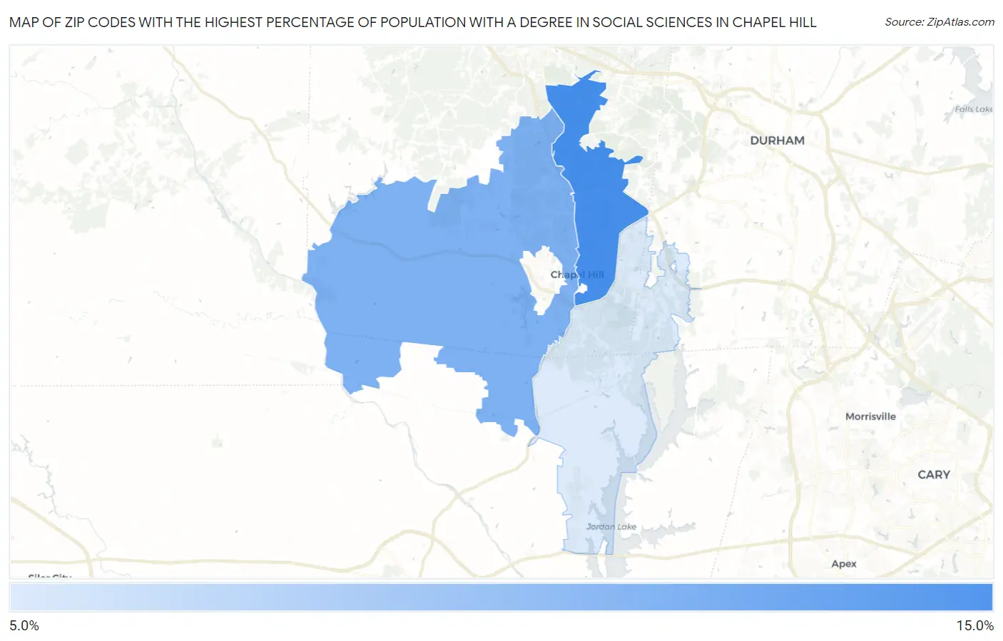 Zip Codes with the Highest Percentage of Population with a Degree in Social Sciences in Chapel Hill Map