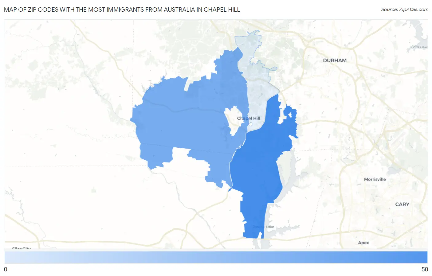 Zip Codes with the Most Immigrants from Australia in Chapel Hill Map