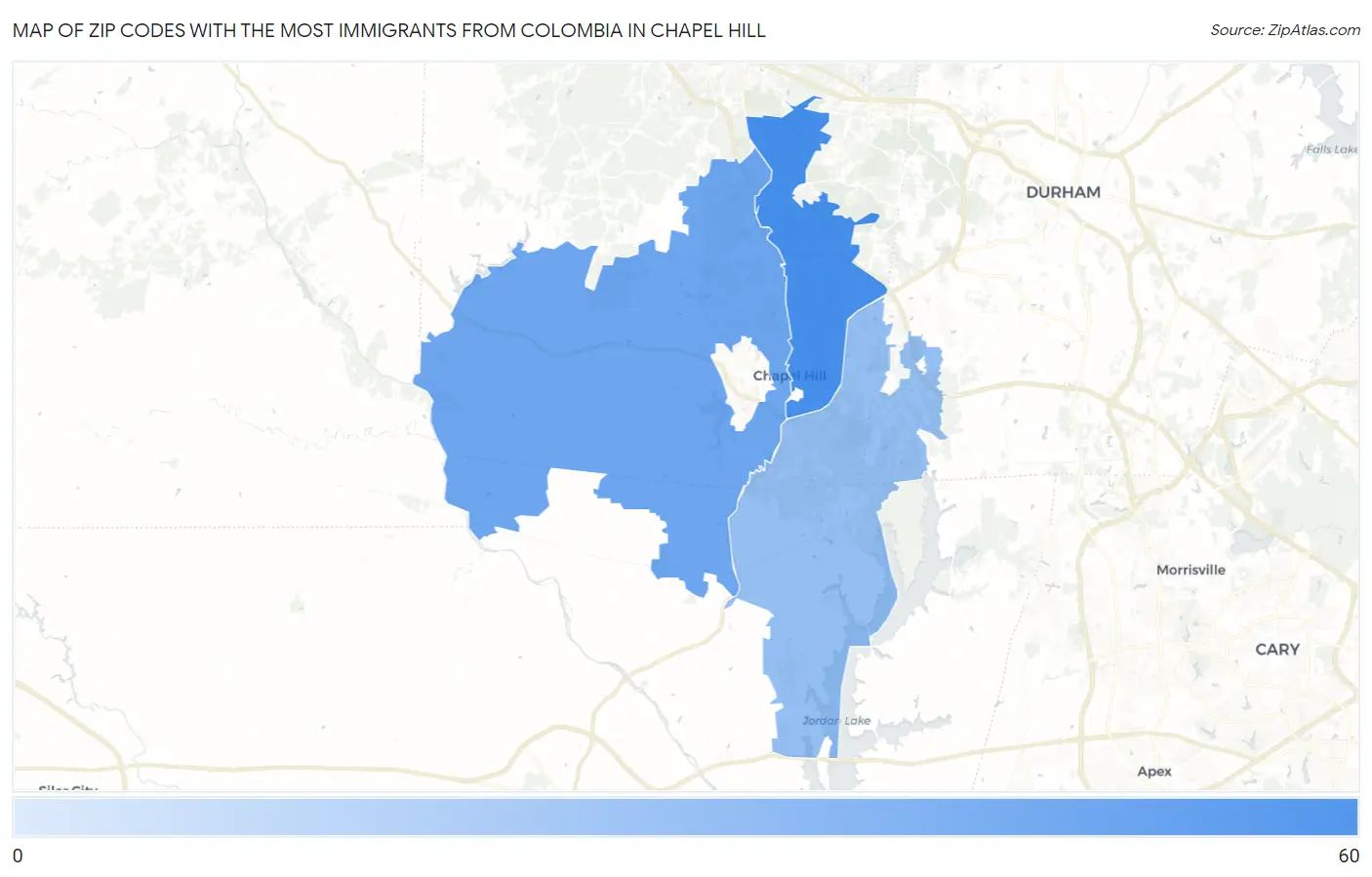 Zip Codes with the Most Immigrants from Colombia in Chapel Hill Map