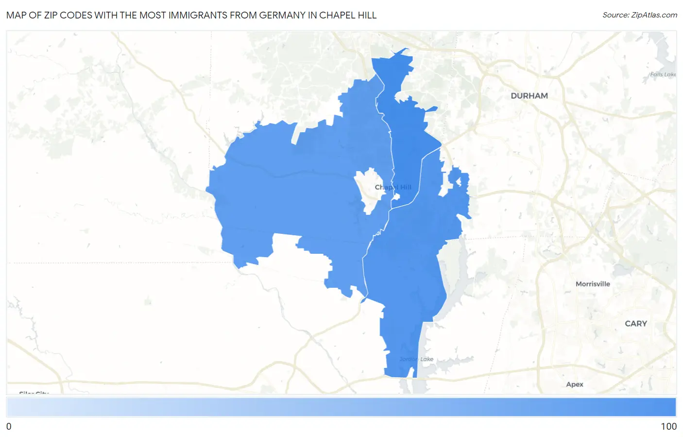 Zip Codes with the Most Immigrants from Germany in Chapel Hill Map