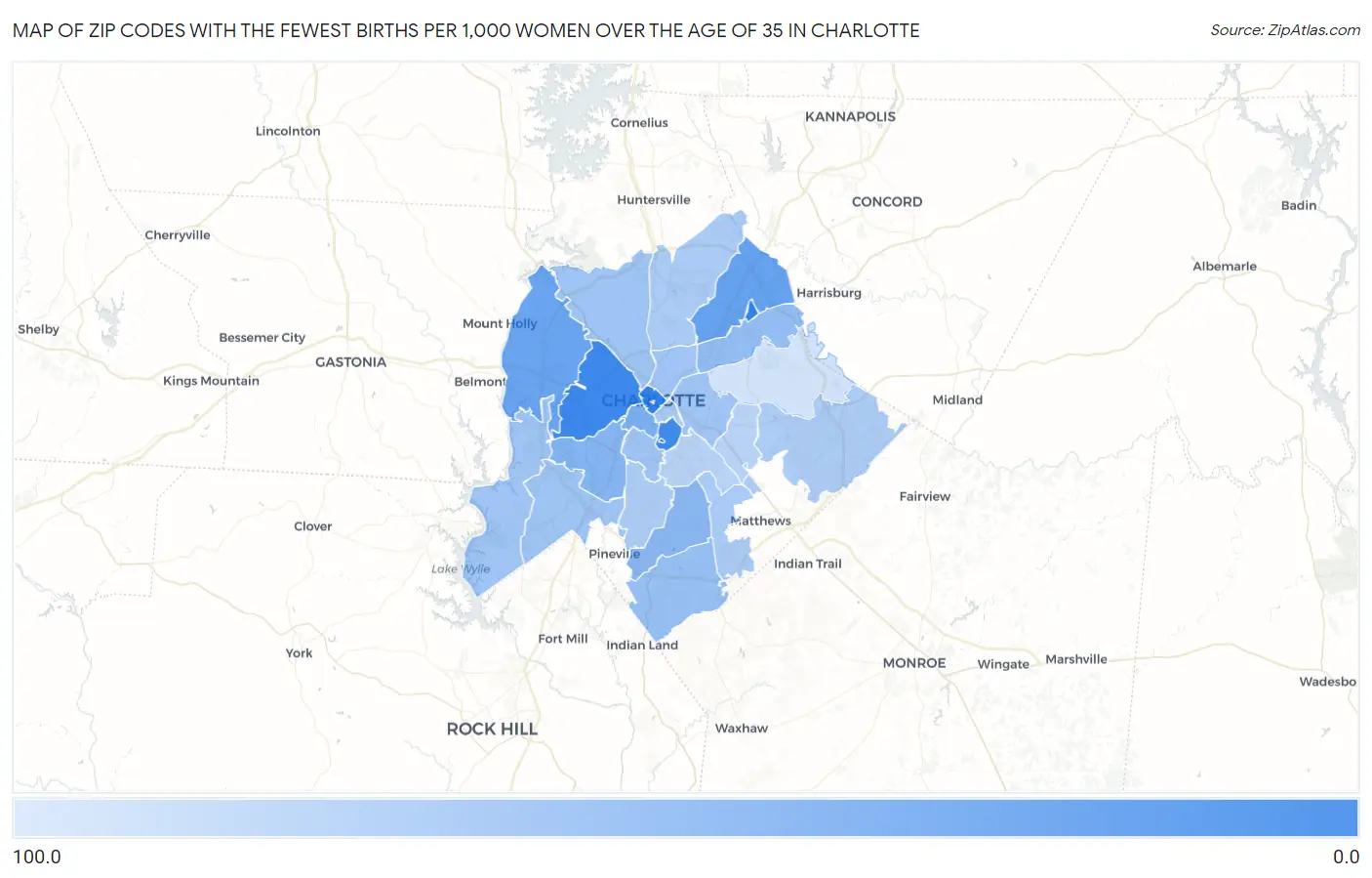 Zip Codes with the Fewest Births per 1,000 Women Over the Age of 35 in Charlotte Map