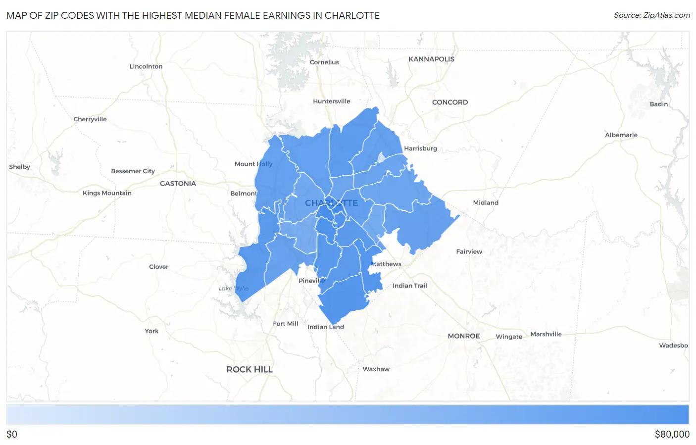 Zip Codes with the Highest Median Female Earnings in Charlotte Map