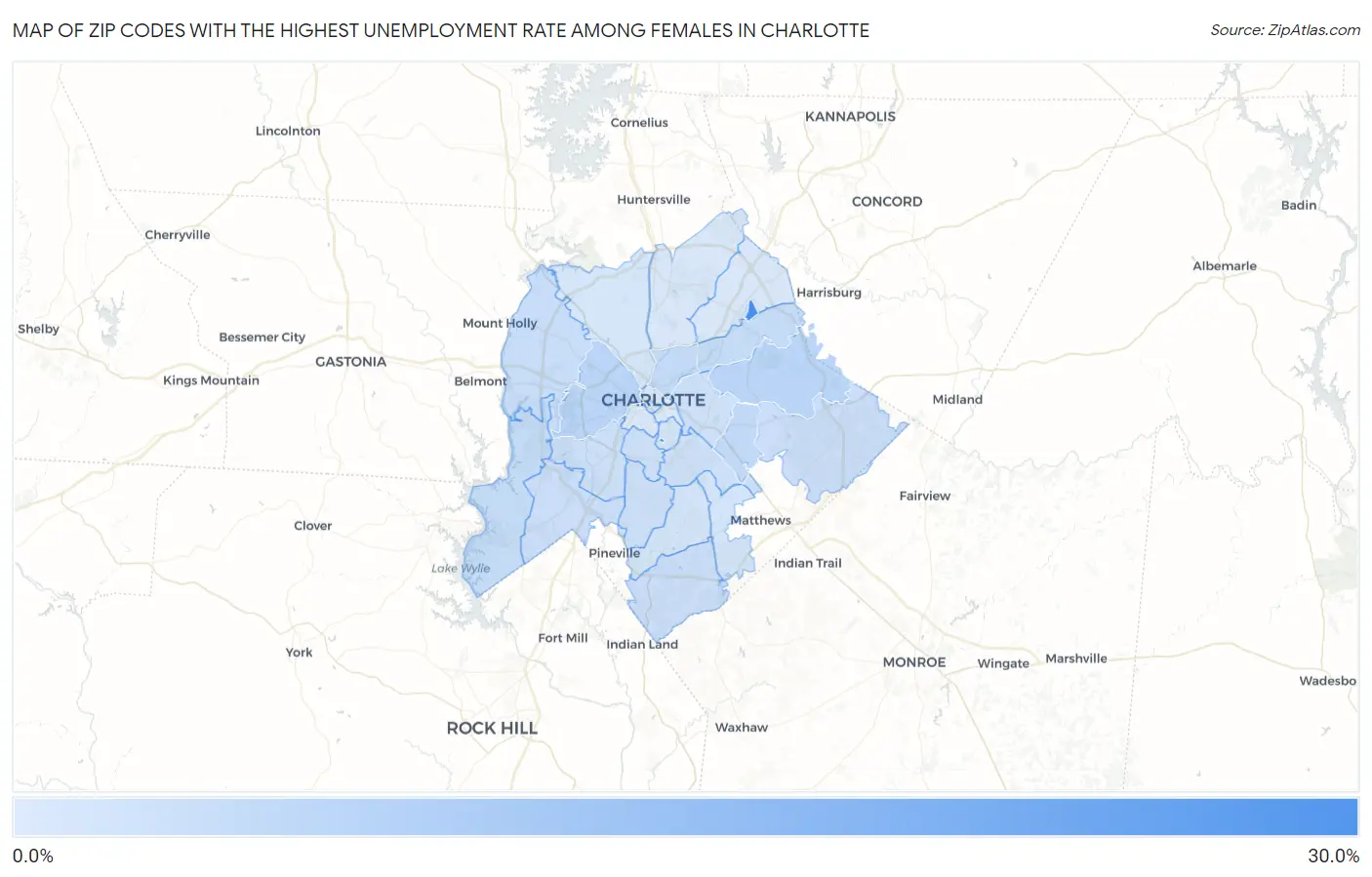 Zip Codes with the Highest Unemployment Rate Among Females in Charlotte Map