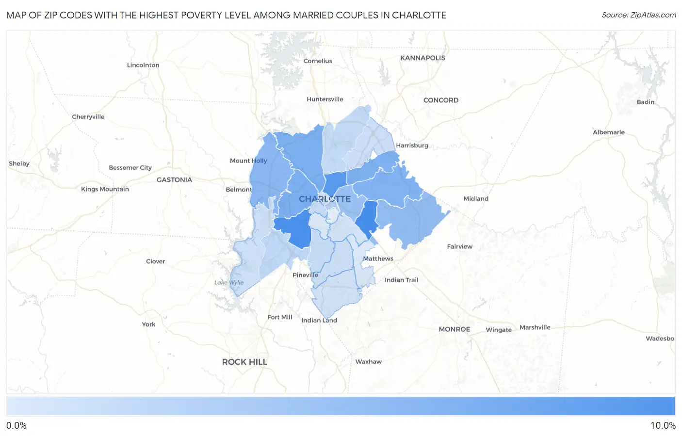 Zip Codes with the Highest Poverty Level Among Married Couples in Charlotte Map