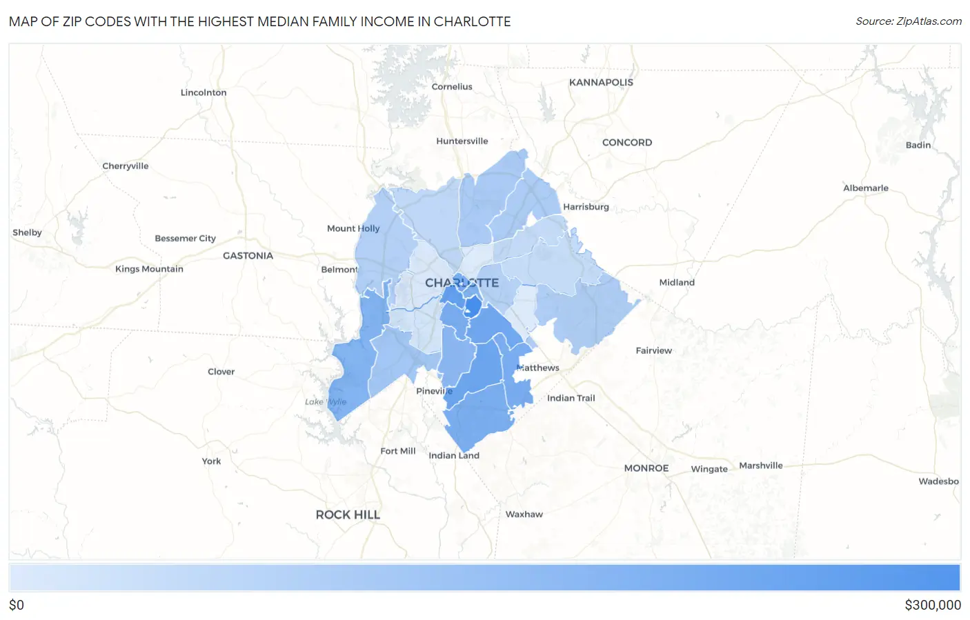 Zip Codes with the Highest Median Family Income in Charlotte Map
