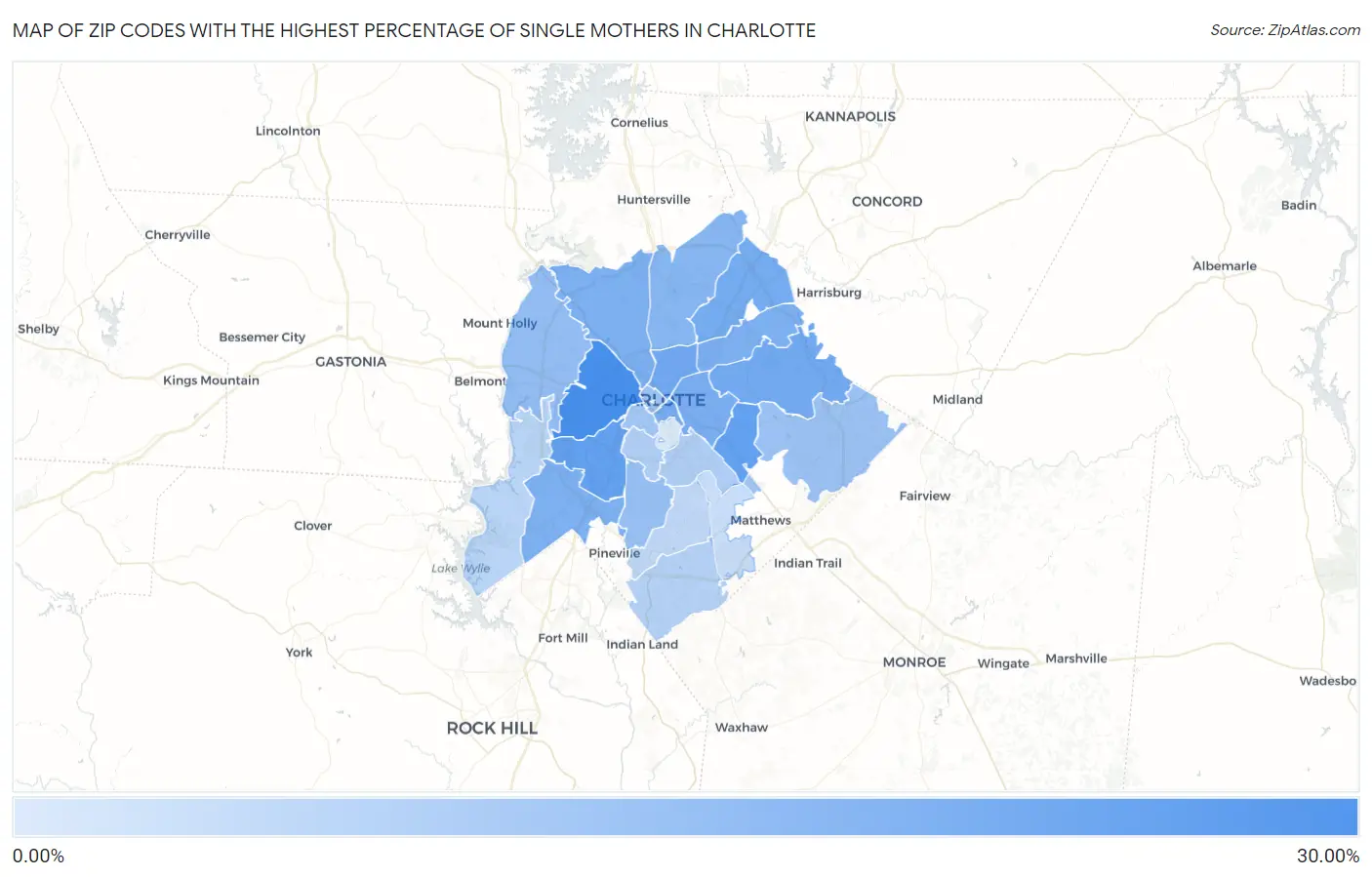 Zip Codes with the Highest Percentage of Single Mothers in Charlotte Map