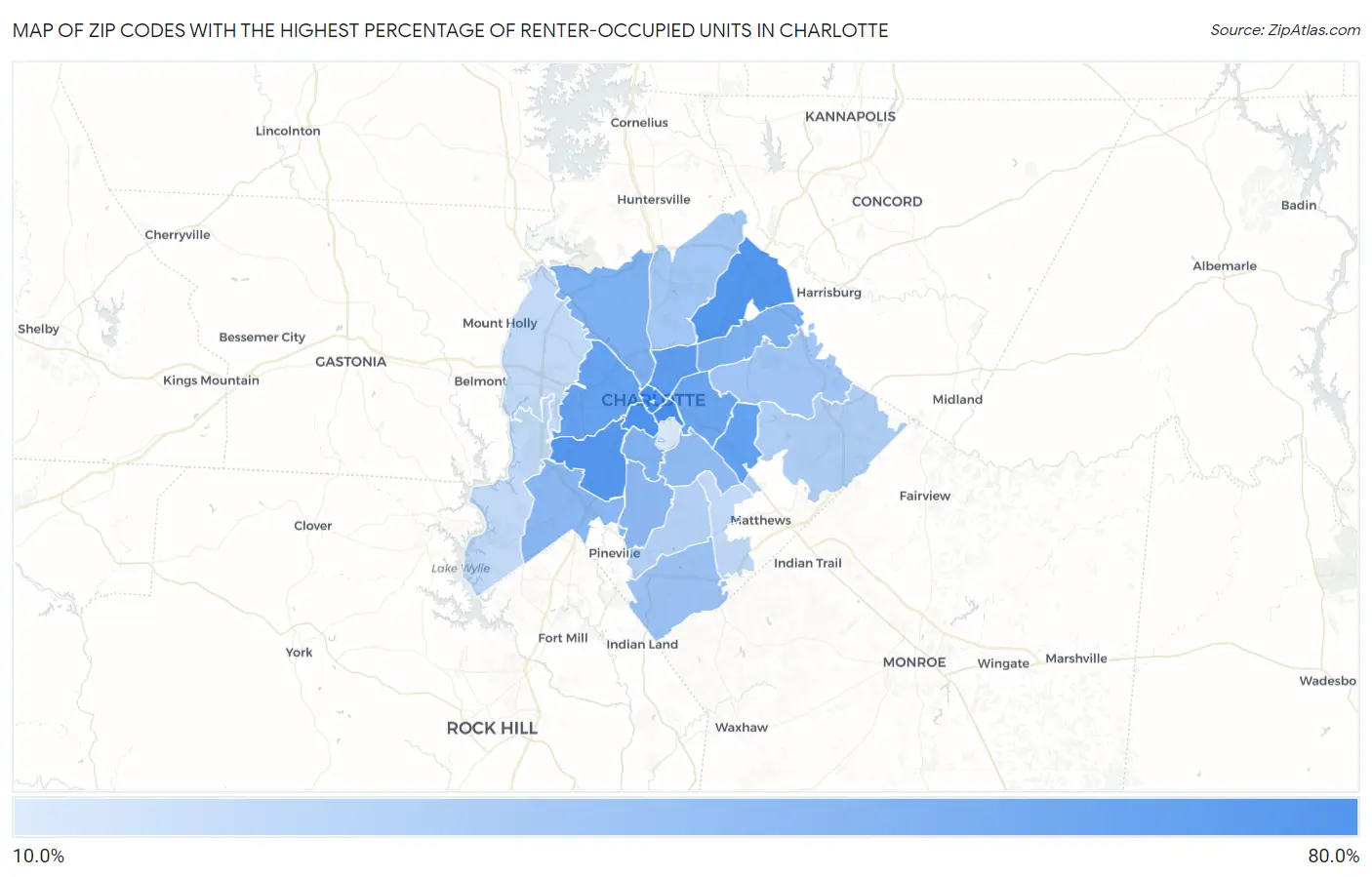 Zip Codes with the Highest Percentage of Renter-Occupied Units in Charlotte Map