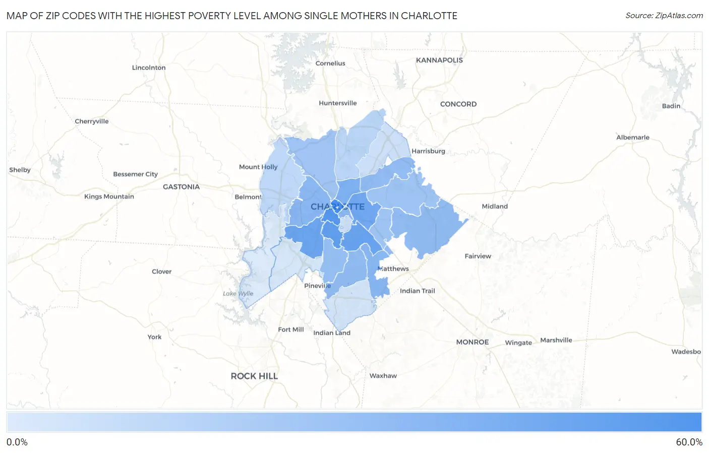 Zip Codes with the Highest Poverty Level Among Single Mothers in Charlotte Map