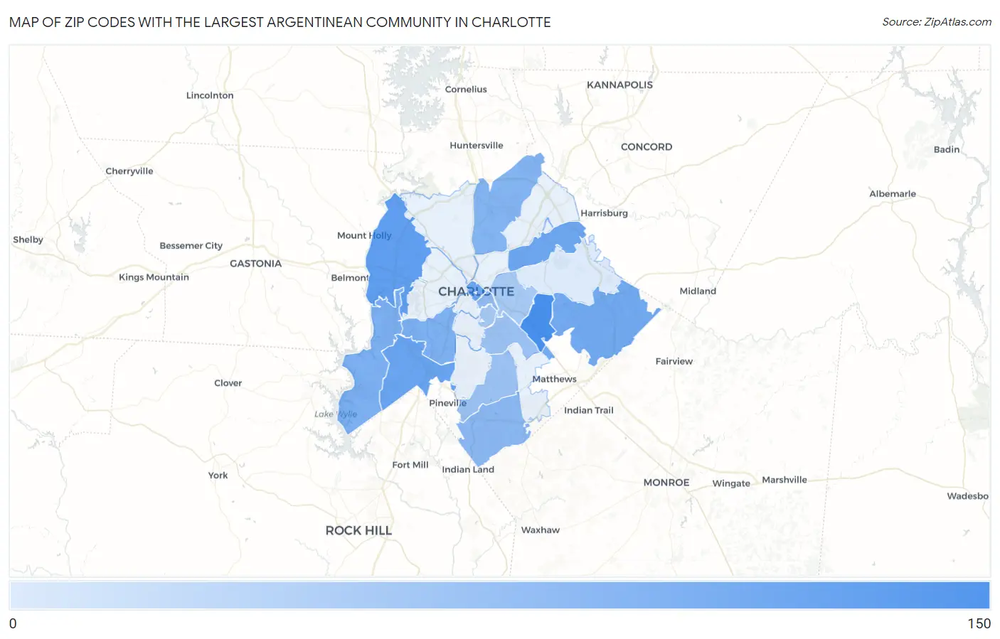 Zip Codes with the Largest Argentinean Community in Charlotte Map