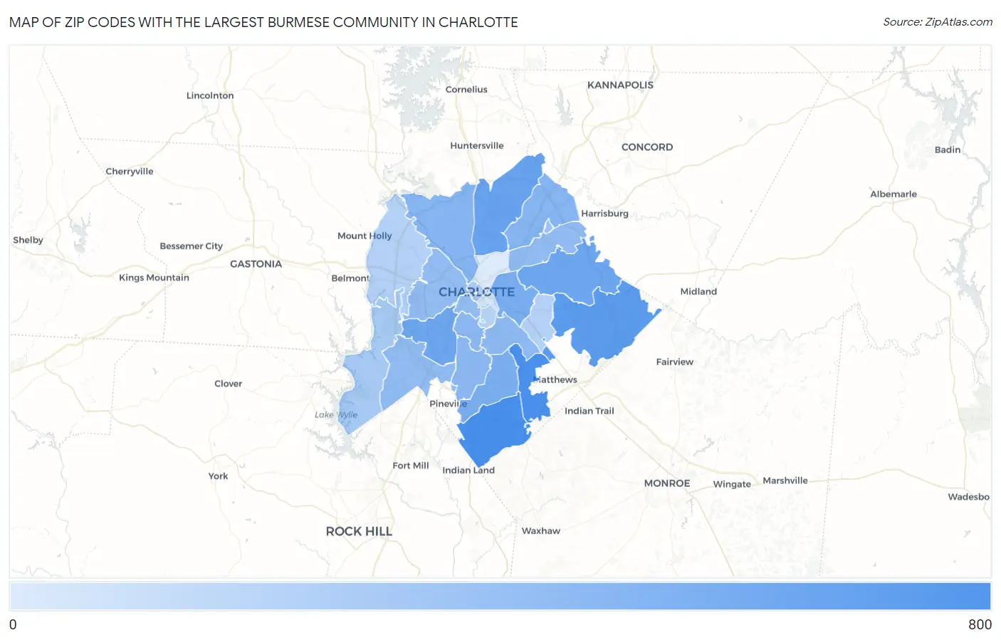 Zip Codes with the Largest Burmese Community in Charlotte Map