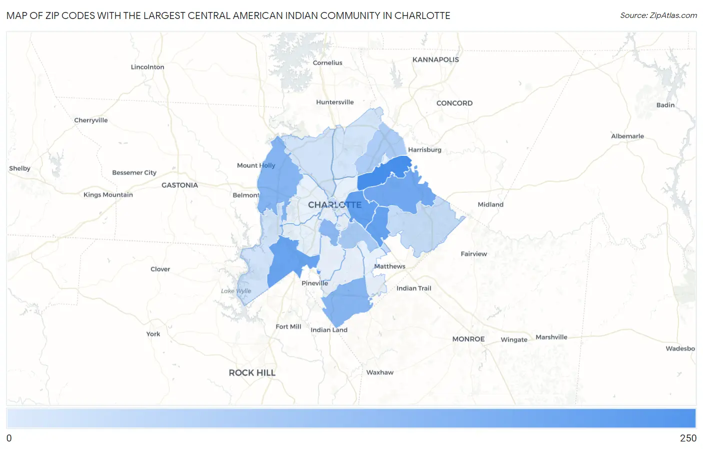 Zip Codes with the Largest Central American Indian Community in Charlotte Map