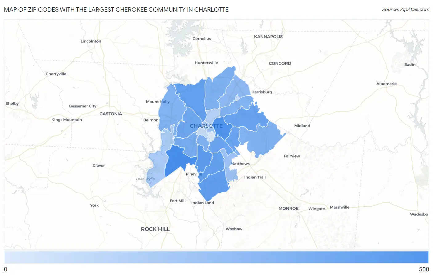 Zip Codes with the Largest Cherokee Community in Charlotte Map