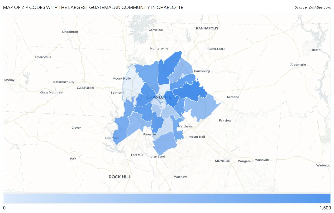 Zip Codes with the Largest Guatemalan Community in Charlotte Map