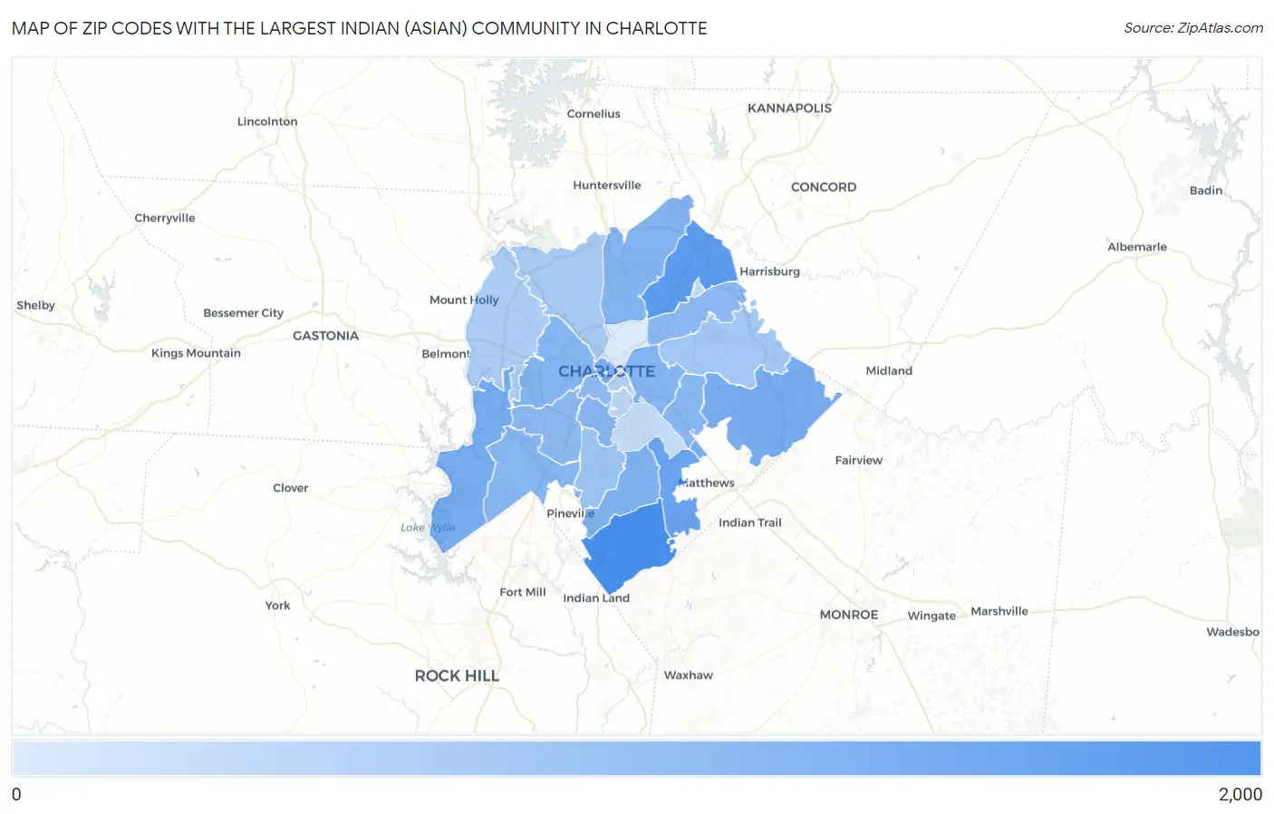 Zip Codes with the Largest Indian (Asian) Community in Charlotte Map