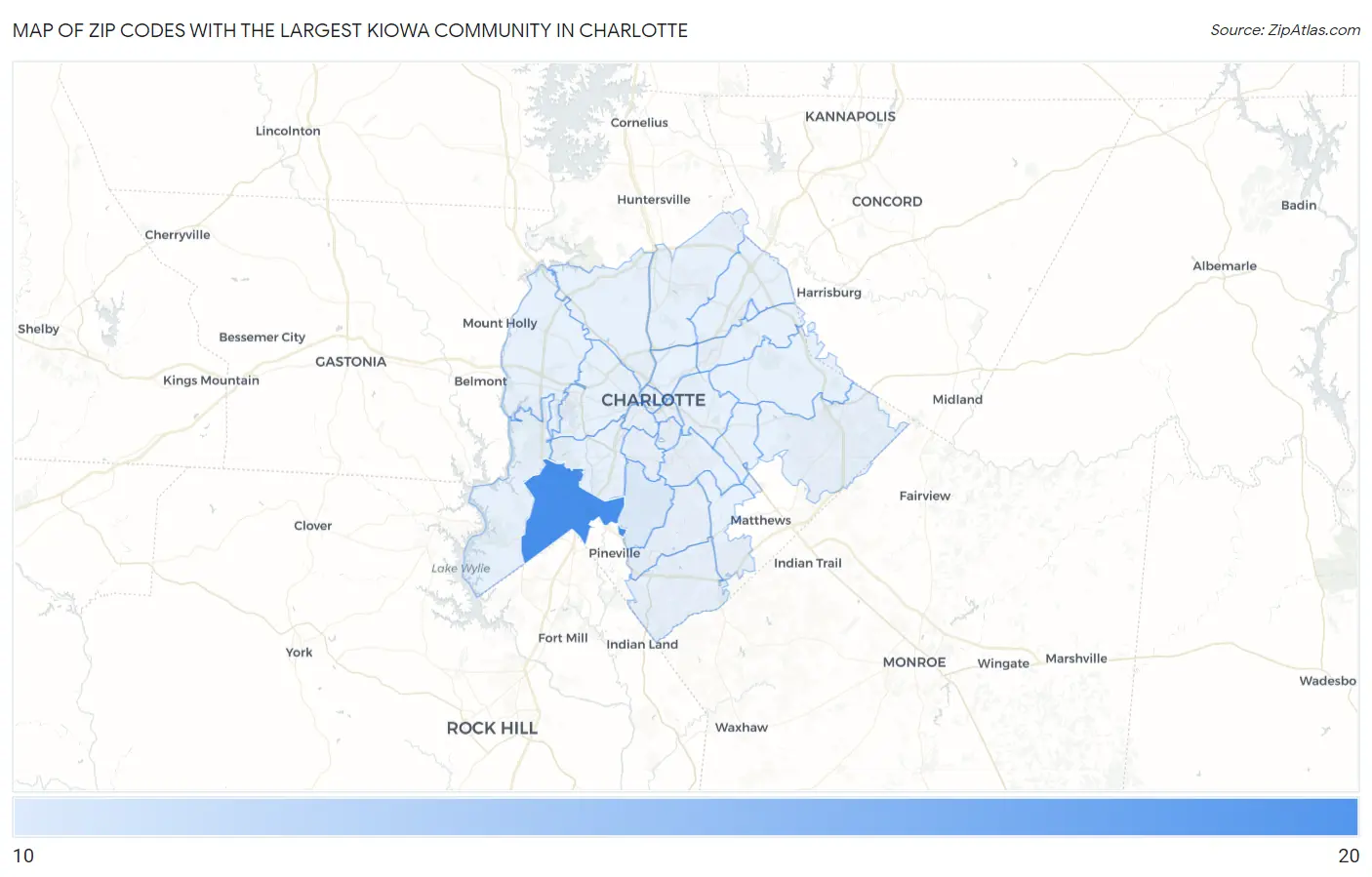 Zip Codes with the Largest Kiowa Community in Charlotte Map