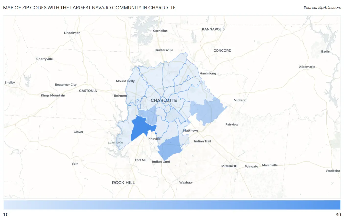Zip Codes with the Largest Navajo Community in Charlotte Map
