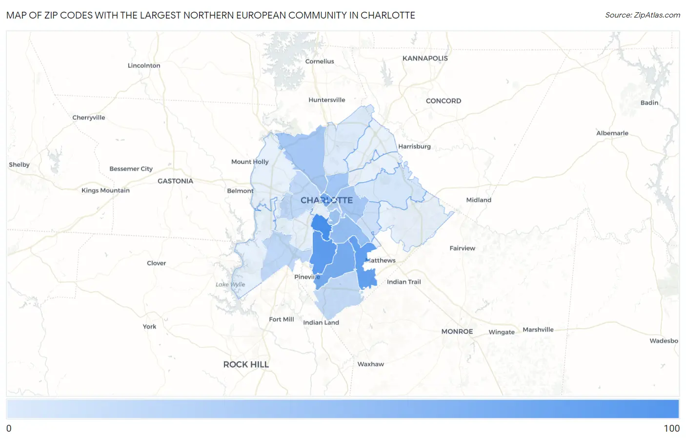 Zip Codes with the Largest Northern European Community in Charlotte Map