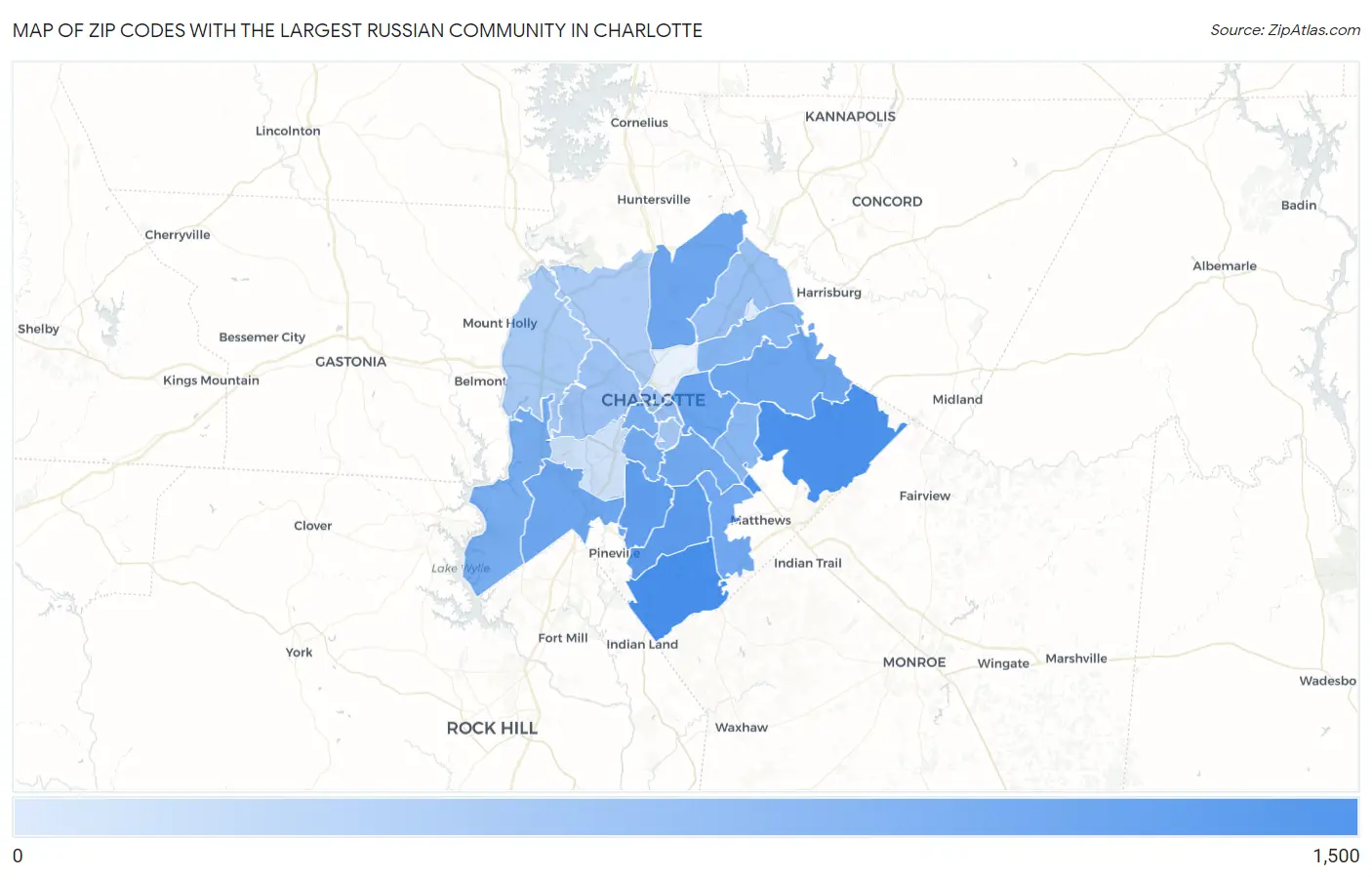 Zip Codes with the Largest Russian Community in Charlotte Map