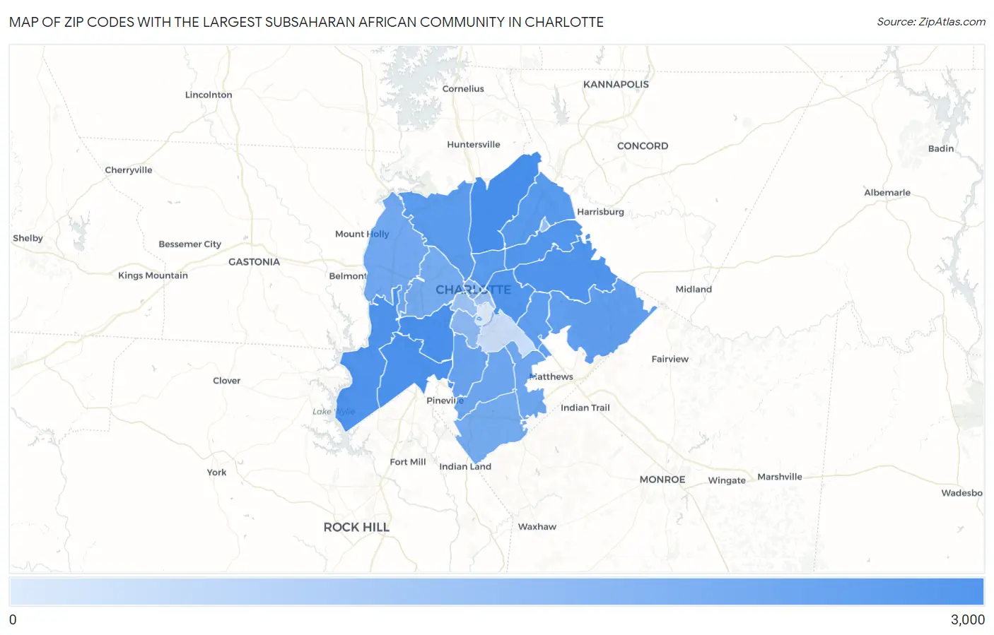 Zip Codes with the Largest Subsaharan African Community in Charlotte Map
