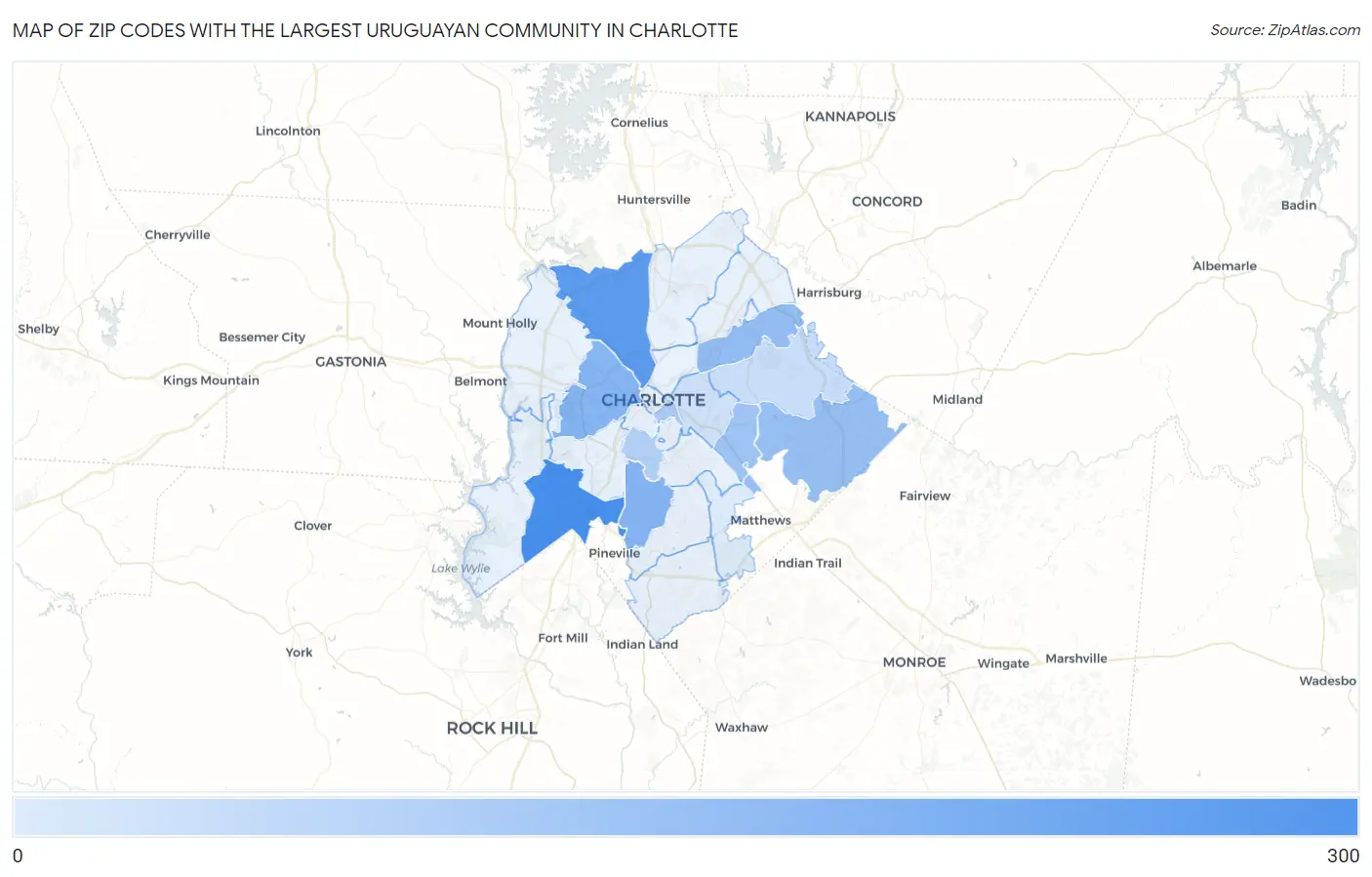 Zip Codes with the Largest Uruguayan Community in Charlotte Map