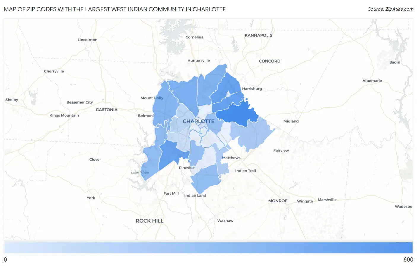 Zip Codes with the Largest West Indian Community in Charlotte Map