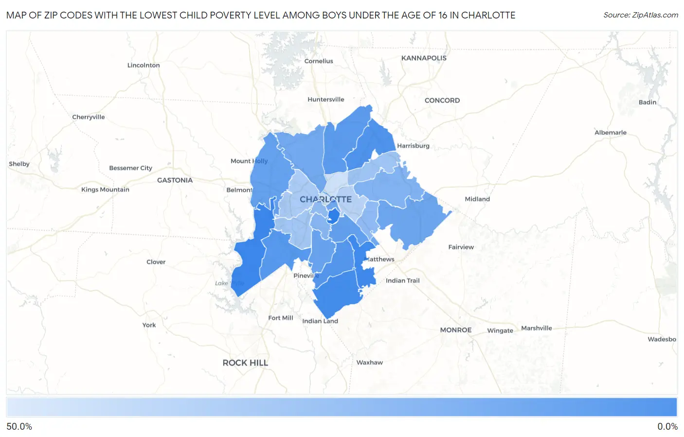 Zip Codes with the Lowest Child Poverty Level Among Boys Under the Age of 16 in Charlotte Map