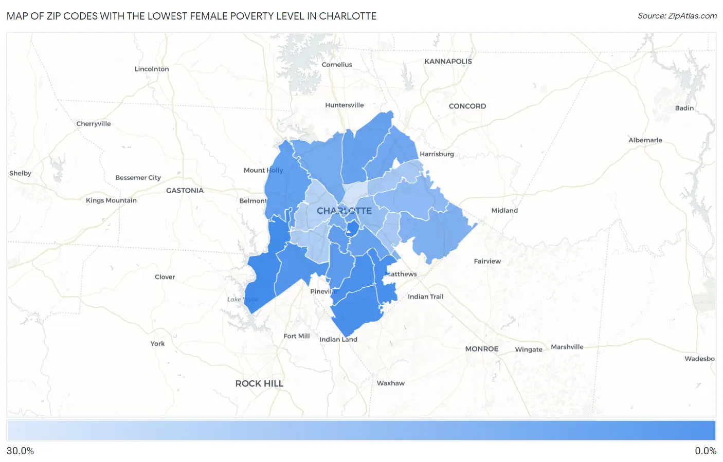 Zip Codes with the Lowest Female Poverty Level in Charlotte Map