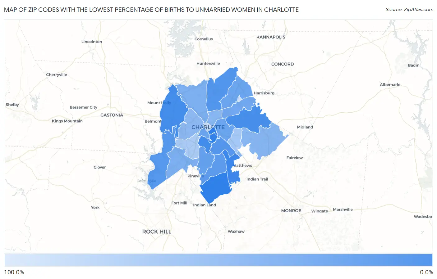 Zip Codes with the Lowest Percentage of Births to Unmarried Women in Charlotte Map
