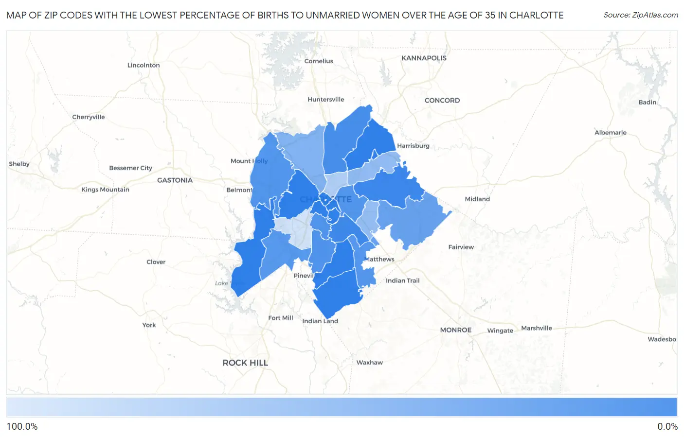 Zip Codes with the Lowest Percentage of Births to Unmarried Women over the Age of 35 in Charlotte Map