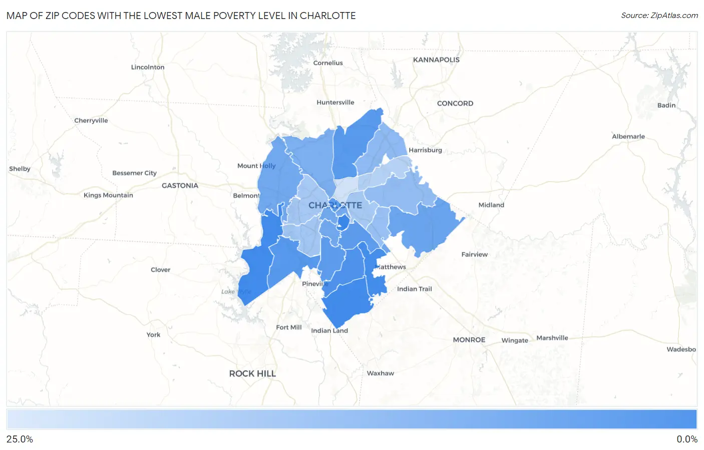 Zip Codes with the Lowest Male Poverty Level in Charlotte Map