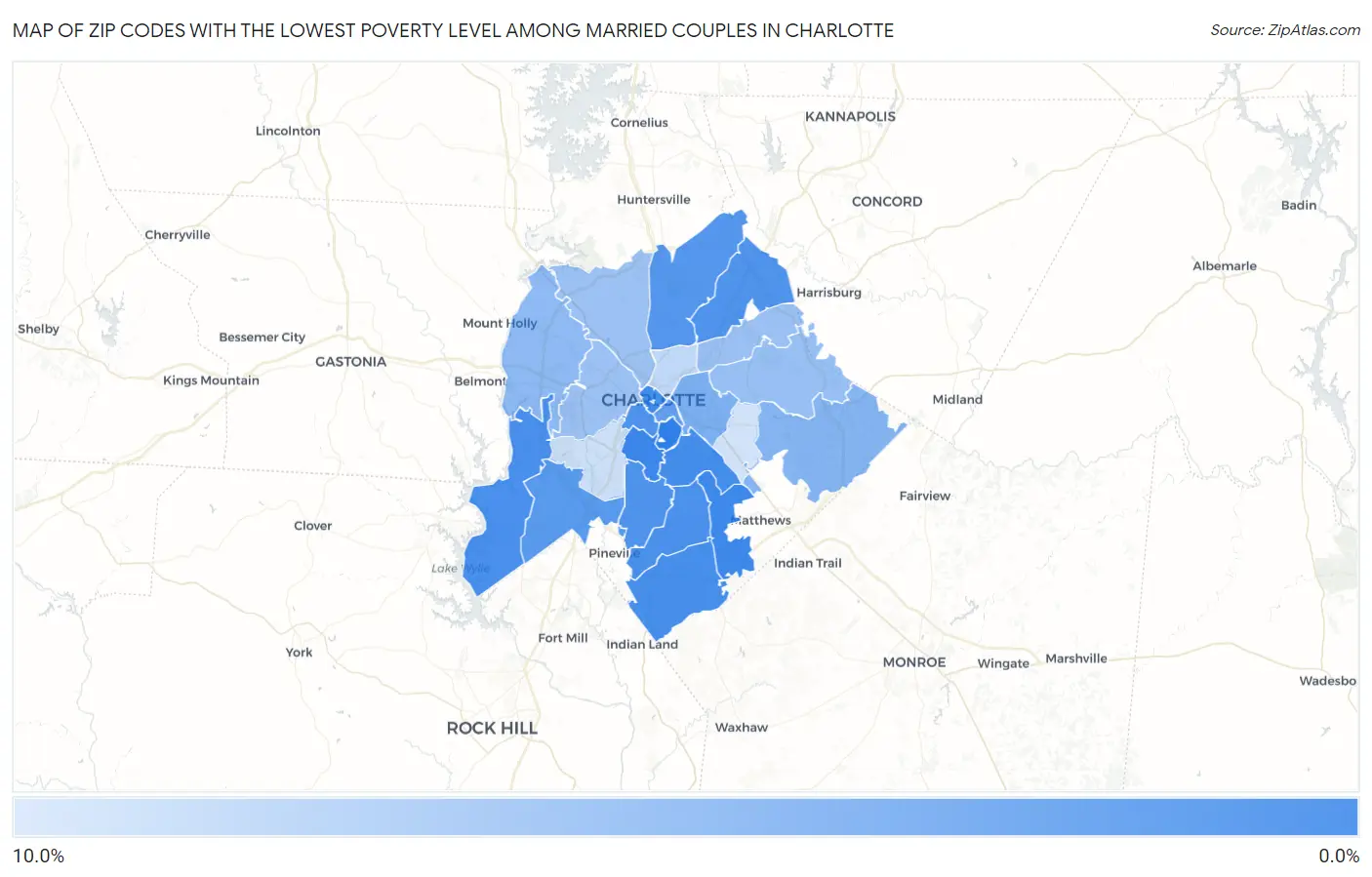 Zip Codes with the Lowest Poverty Level Among Married Couples in Charlotte Map