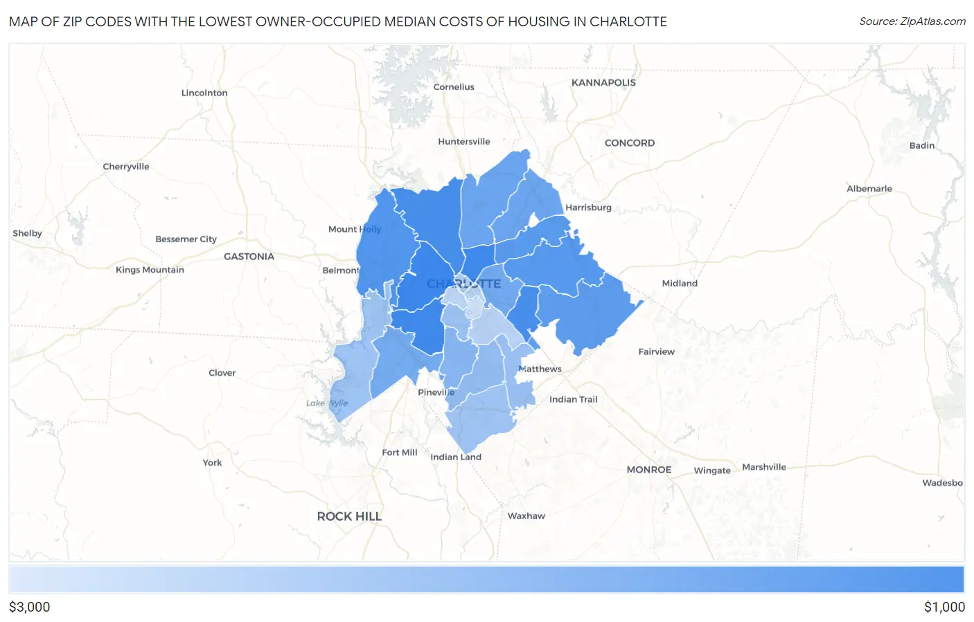 Zip Codes with the Lowest Owner-Occupied Median Costs of Housing in Charlotte Map