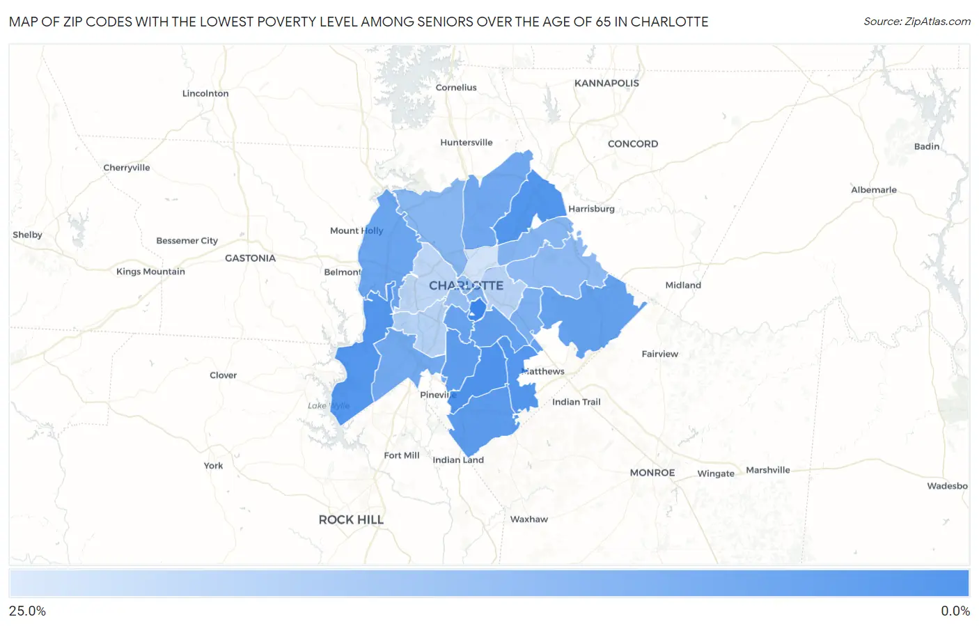 Zip Codes with the Lowest Poverty Level Among Seniors Over the Age of 65 in Charlotte Map