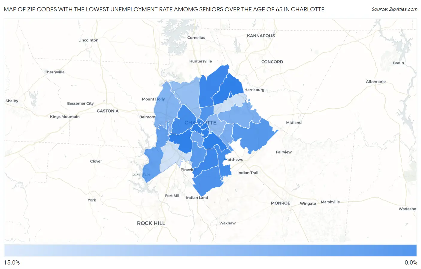 Zip Codes with the Lowest Unemployment Rate Amomg Seniors Over the Age of 65 in Charlotte Map