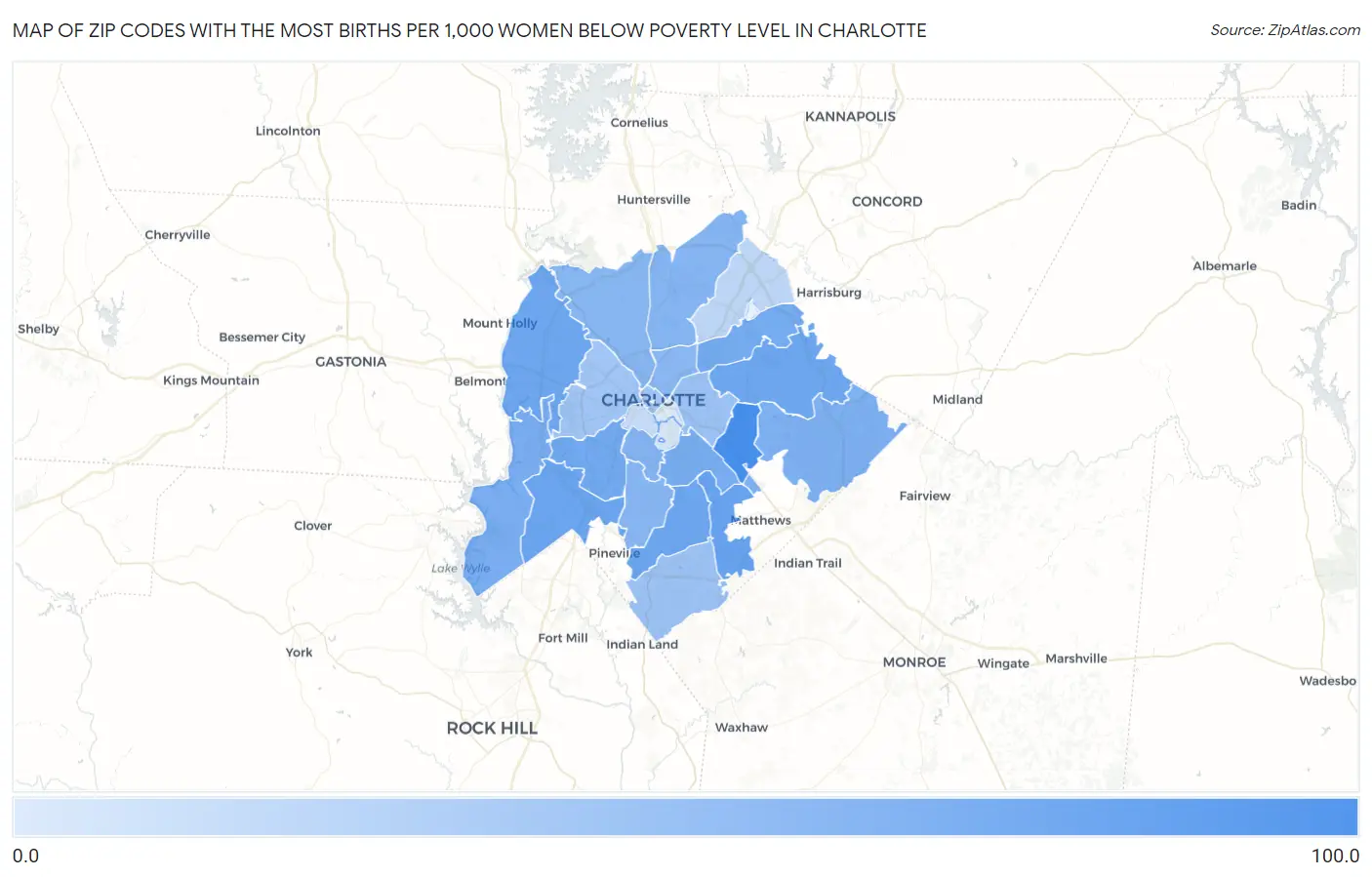 Zip Codes with the Most Births per 1,000 Women Below Poverty Level in Charlotte Map