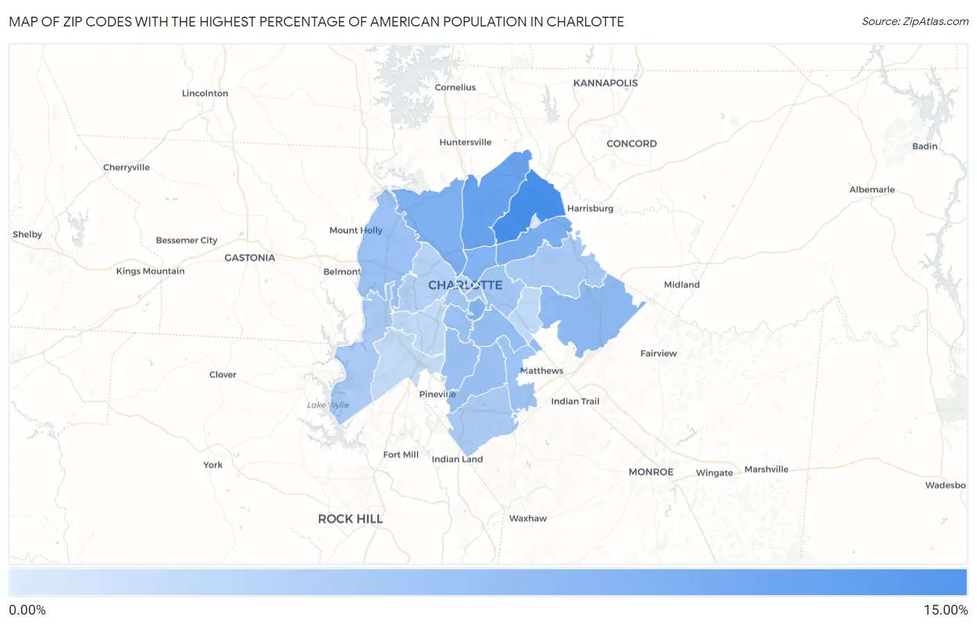 Zip Codes with the Highest Percentage of American Population in Charlotte Map