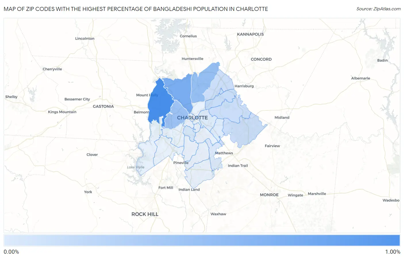 Zip Codes with the Highest Percentage of Bangladeshi Population in Charlotte Map