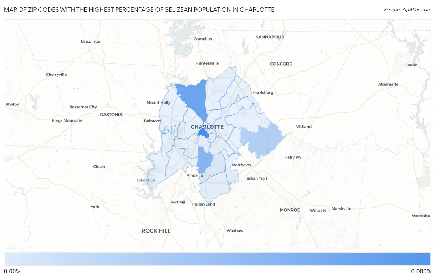 Zip Codes with the Highest Percentage of Belizean Population in Charlotte Map