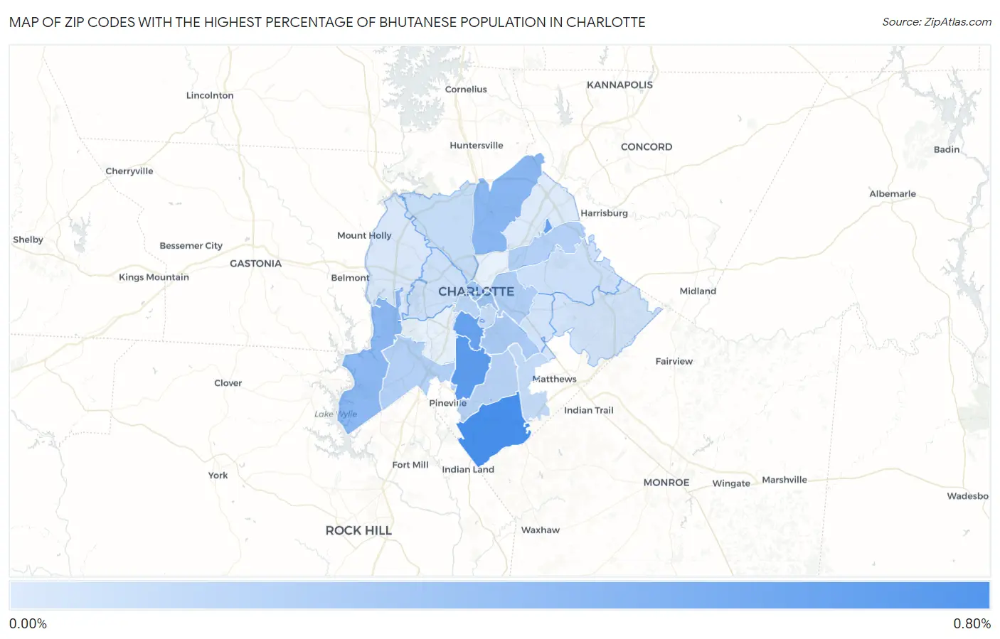 Zip Codes with the Highest Percentage of Bhutanese Population in Charlotte Map