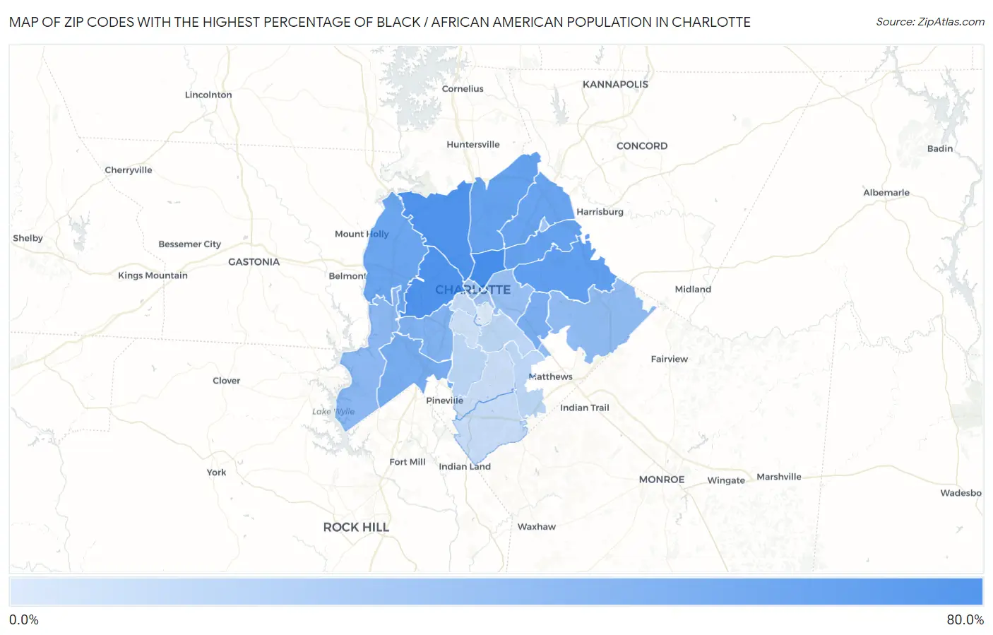 Zip Codes with the Highest Percentage of Black / African American Population in Charlotte Map