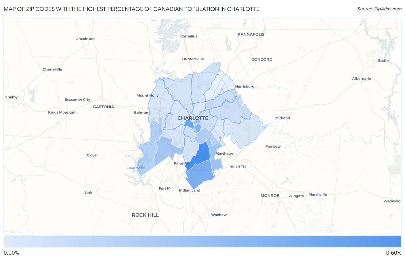 Zip Codes with the Highest Percentage of Canadian Population in Charlotte Map
