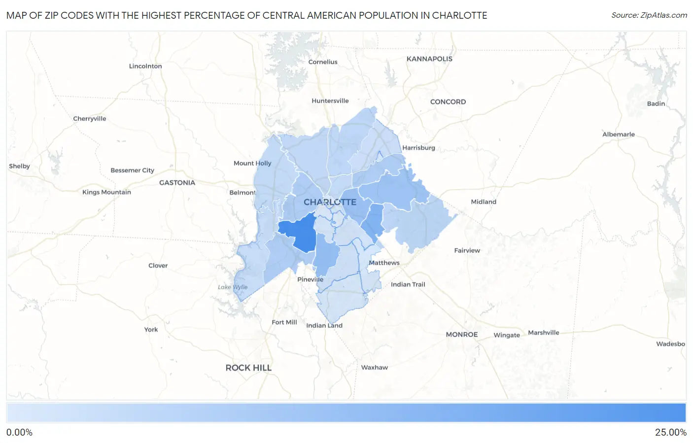 Zip Codes with the Highest Percentage of Central American Population in Charlotte Map