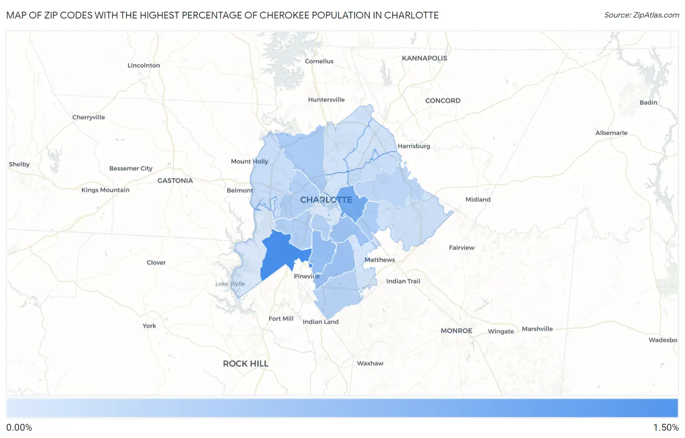 Zip Codes with the Highest Percentage of Cherokee Population in Charlotte Map