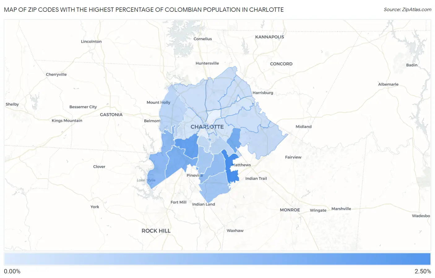 Zip Codes with the Highest Percentage of Colombian Population in Charlotte Map
