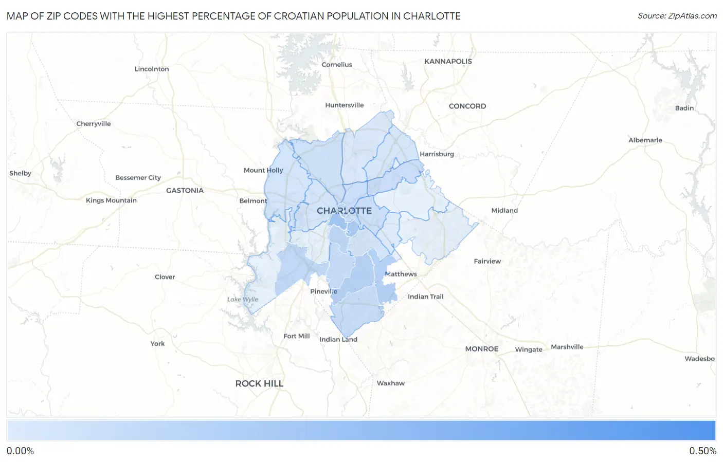 Zip Codes with the Highest Percentage of Croatian Population in Charlotte Map