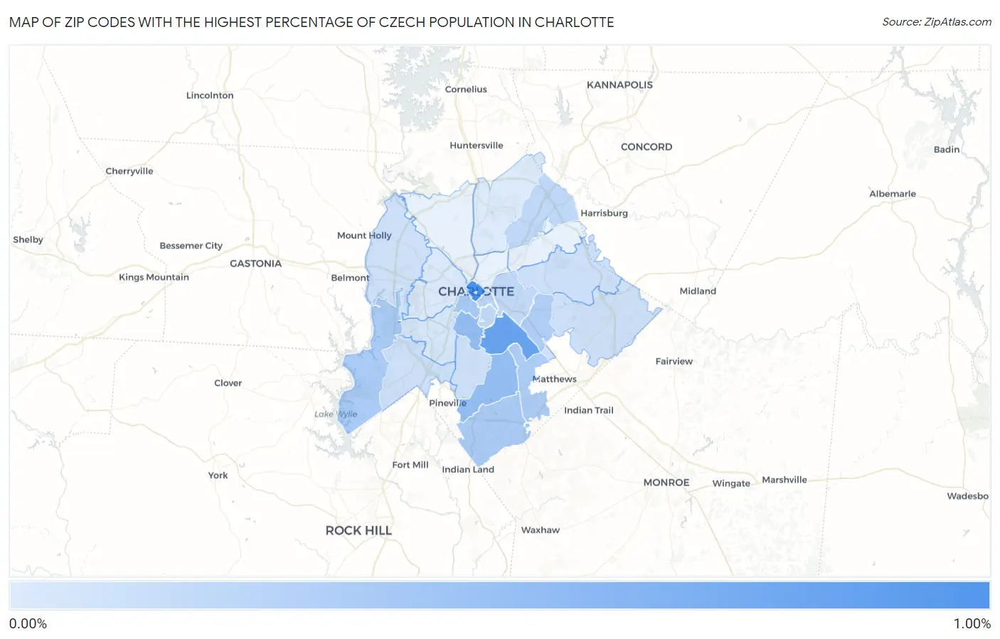 Zip Codes with the Highest Percentage of Czech Population in Charlotte Map