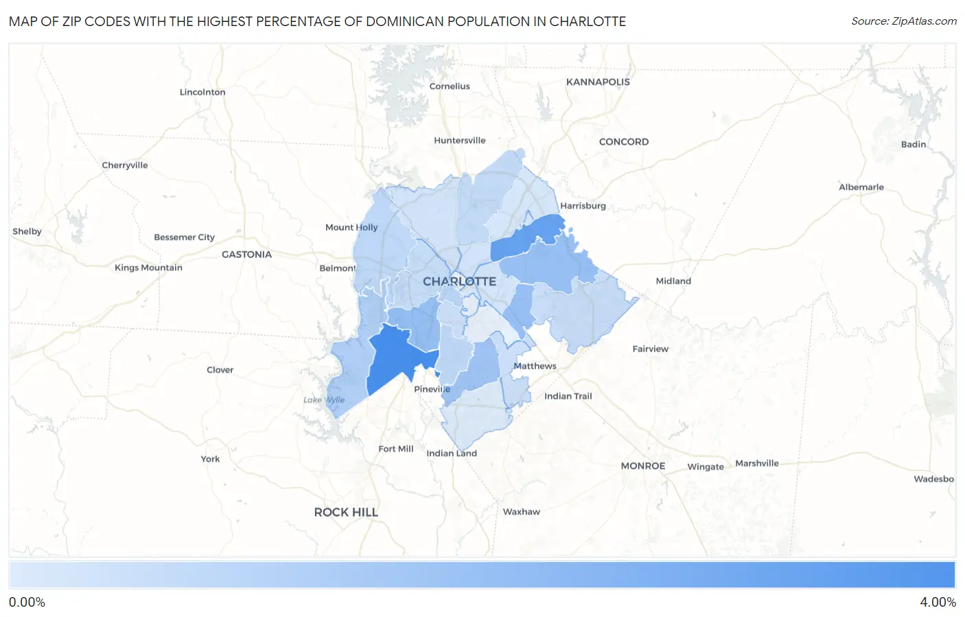 Zip Codes with the Highest Percentage of Dominican Population in Charlotte Map