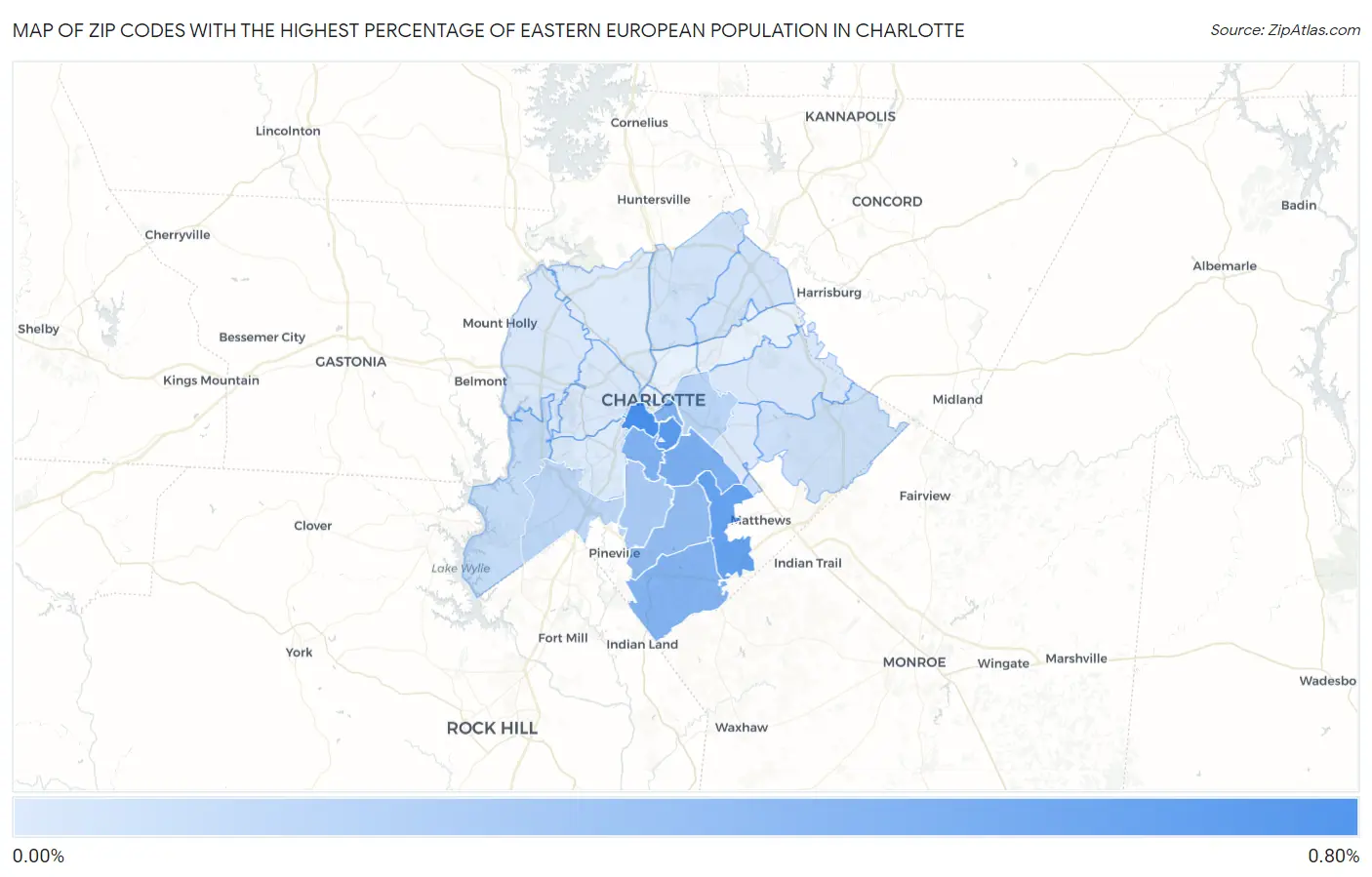 Zip Codes with the Highest Percentage of Eastern European Population in Charlotte Map
