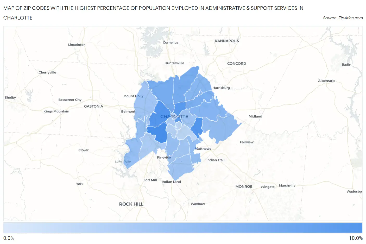 Zip Codes with the Highest Percentage of Population Employed in Administrative & Support Services in Charlotte Map